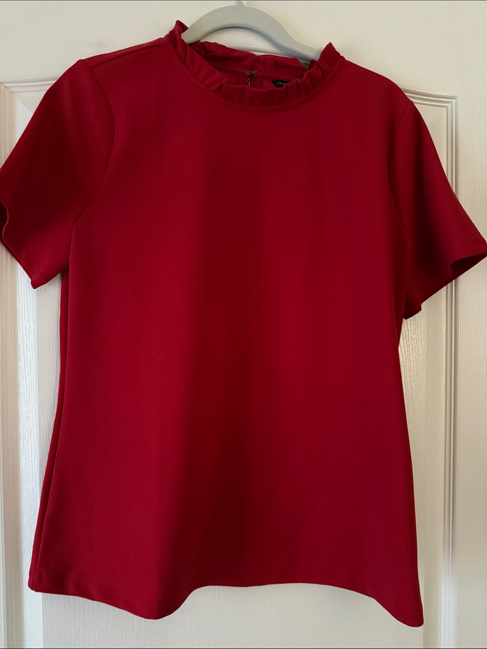 Ann Taylor Red Ruffle-Neck Short Sleeve Blouse